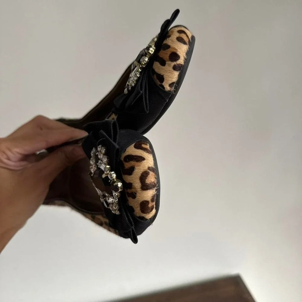 Leopard pony‎ hair ballet flat size 8.5 rhinestone bow brown black